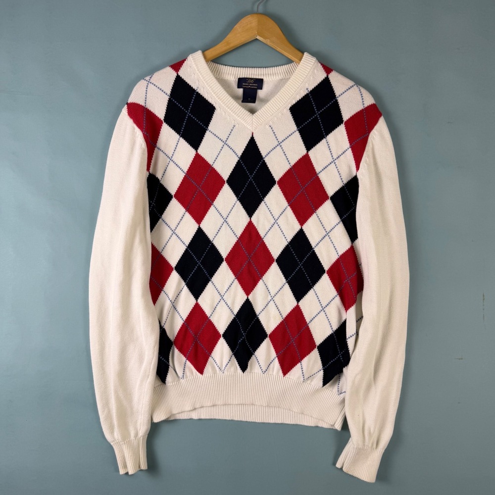 2000s Brooks Brothers 346 Men's M Cream Red Navy Argyle V Neck Sweater